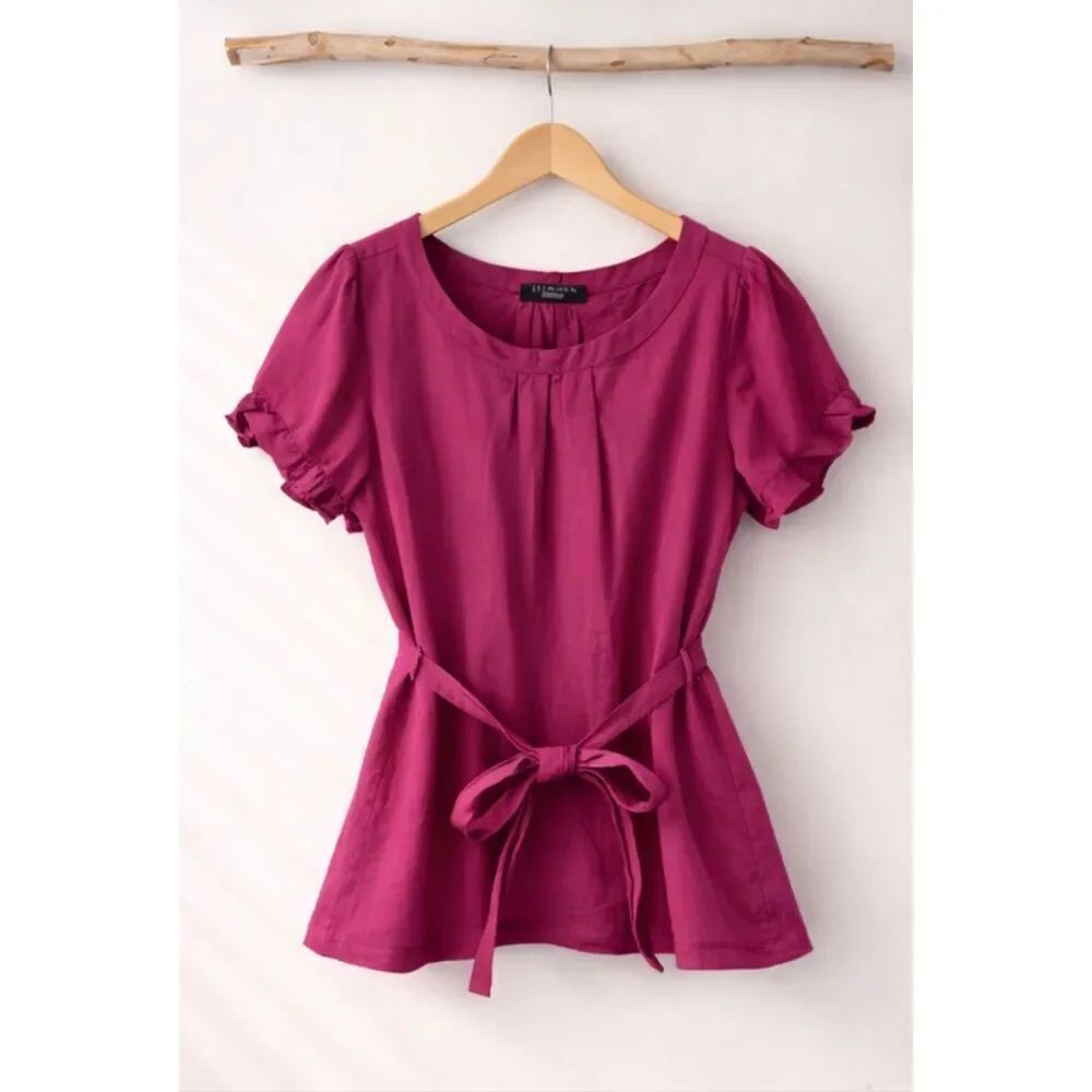 Talbots purple pleat neck puff sleeve blouse size M